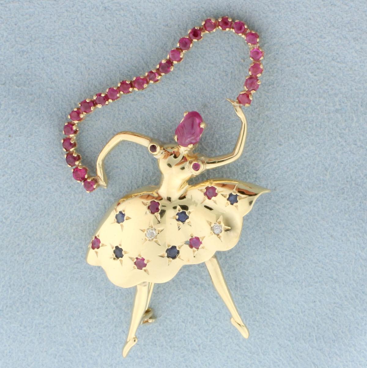 Dancer Pin With Ruby, Sapphire, And Diamonds In 14k Yellow Gold