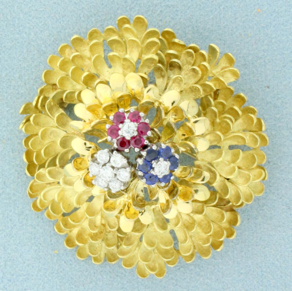 Designer Ruby, Sapphire And Diamond Flower Pin In 18k Yellow Gold