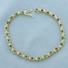 Emerald And Diamond S-link Tennis Bracelet In 14k Yellow Gold
