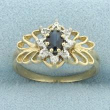 Sapphire And Diamond Flower Design Ring In 10k Yellow Gold