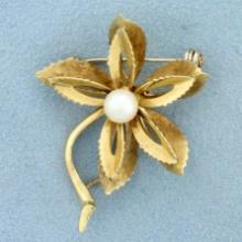 Italian Made Pearl Flower Pin In 14k Yellow Gold