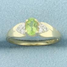 Peridot And Diamond Ring In 10k Yellow Gold