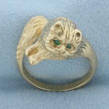 Cat Ring With Emerald Eyes In 14k Yellow Gold