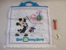 Three Mickey Mouse Disney Items including Mickey Mouse Pez Dispenser, Vintage Button Mirror and Walt