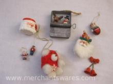 Assorted Vintage Christmas Ornaments and Decorations including Miniature Santa Head Mug, Sardine Can