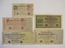 Five 1920s German Paper Currency Notes, see pictures for condition AS IS, 1 oz
