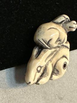 Netsuke Ivory carved Jack Rabbit with Dog on his Back