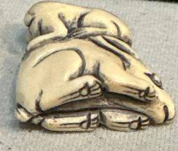 Netsuke Ivory carved Jack Rabbit with Dog on his Back