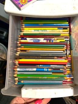 3 Drawer Organizer filled with Coloring Pencils and Stack of Coloring Books (most are New)