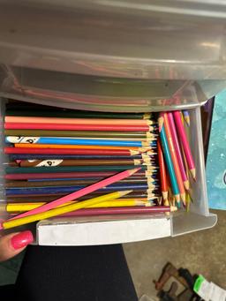 3 Drawer Organizer filled with Coloring Pencils and Stack of Coloring Books (most are New)