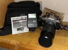 Nikon FG Camera w/80-200 lens SB-18 Flash, Manuals and Camera Bag