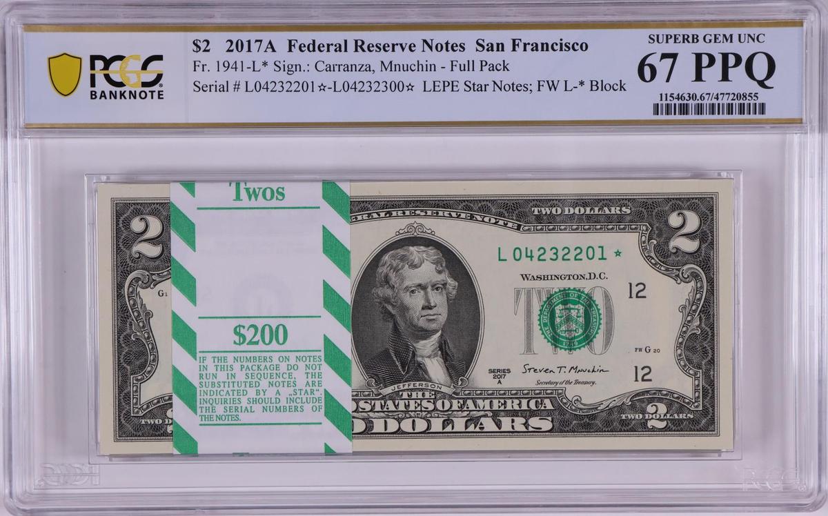 Pack of 2017A $2 Federal Reserve STAR Notes SF Fr.1941-L* PCGS Superb Gem UNC 67PPQ