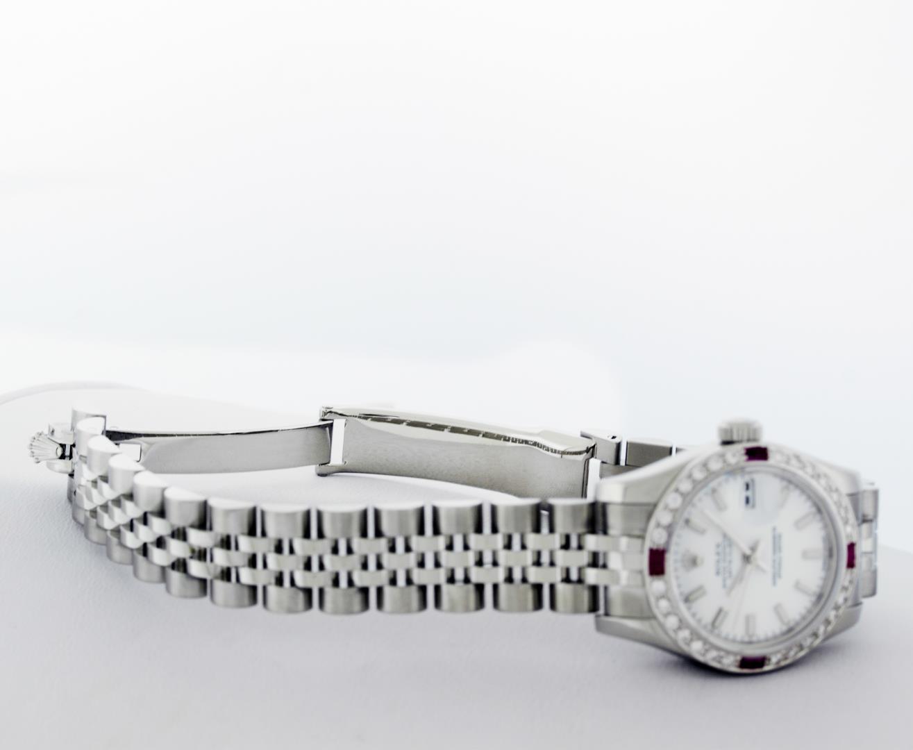 Rolex Ladies Stainless Steel White Index Ruby and Diamond Datejust Wristwatch