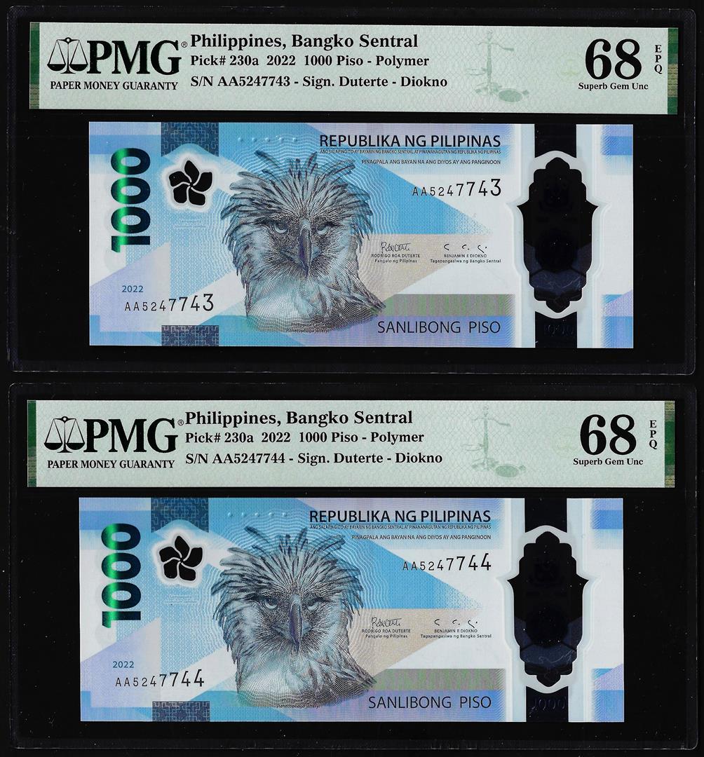 (2) Consecutive 2022 Philippines 1000 Piso Notes PMG Superb Gem Uncirculated 68EPQ