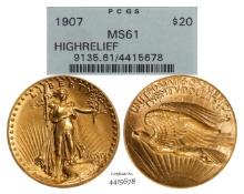 1907 High Relief $20 St. Gaudens Double Eagle Gold Coin PCGS MS61 Old Green Holder