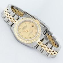 Rolex Ladies Two Tone Champagne Roman Diamond Date Wristwatch