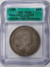 1798 Small Eagle 13 Stars $1 Draped Bust Silver Dollar Coin ICG VF25