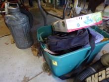 Tote w/Misc Itms & Tools- Propane Fuel Cans, Camps, Caulk Gun, Rain Poncho,