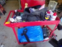 Rolling Shop Cart w/Contents-Tarp, Rope, Hose, Clamps, Gloves, Lubricants,