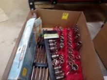 Box Of Assorted Sockets & Wrenches And A Power Probe