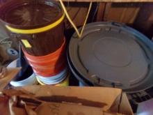 Group of Poly Sheeting, Small Buckets, 5 Gallon Buckets, and Rubbermaid Bru