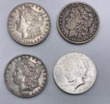 1894O, 1900S & 1902 Morgan Silver dollars & 1924 Peace Silver dollar (4 pieces total).