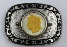 1889 US Silver Morgan Silver dollar in western style belt buckle