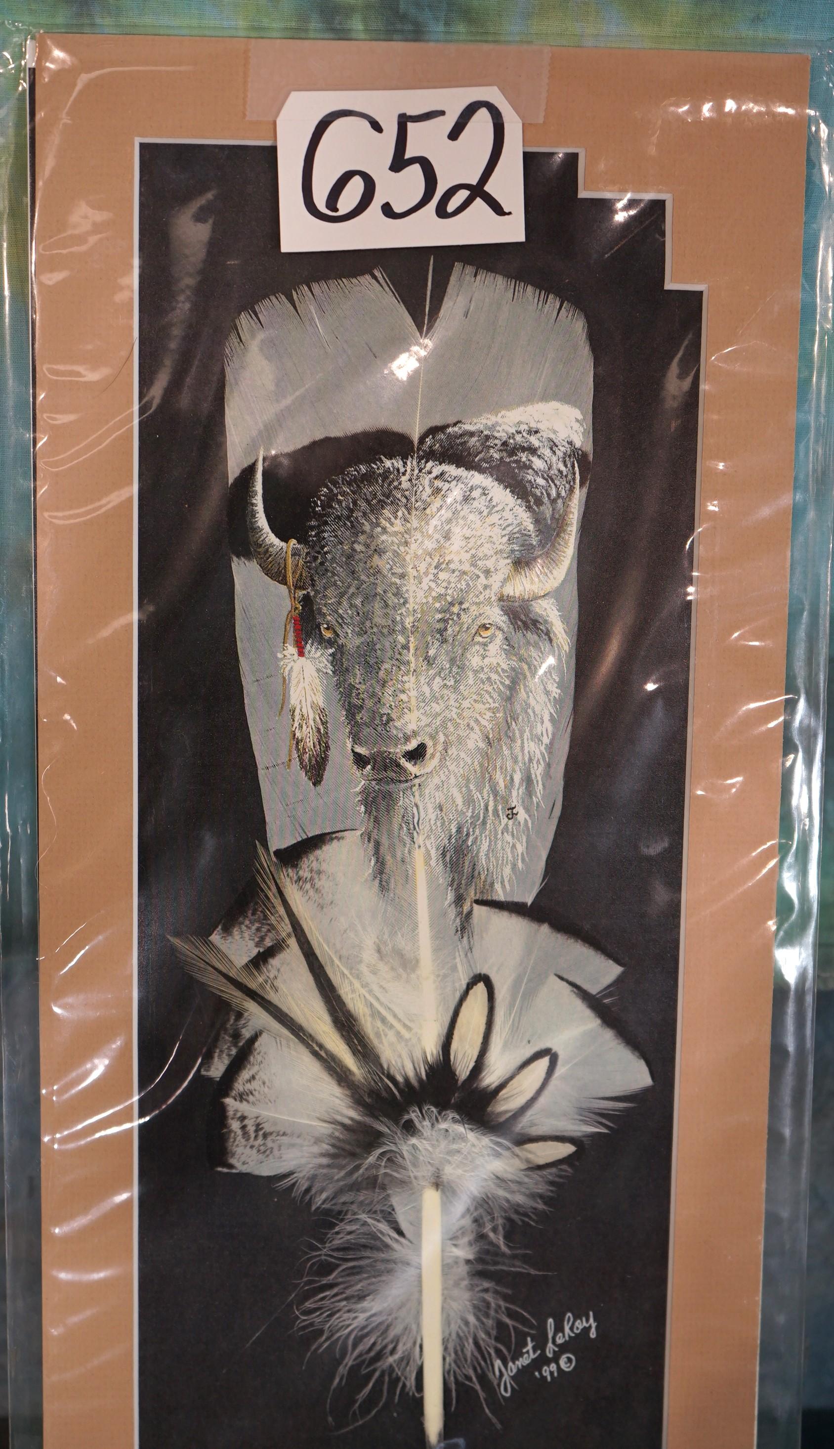 Framed Feather with White Bison Painted on it
