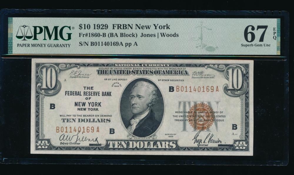 1929 $10 New York FRBN PMG 67EPQ