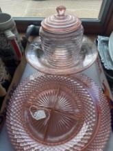 Pink depression divided plate, Miss America plate, honey cone bee hive cookie biscuit jar with lid