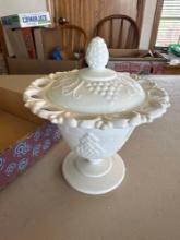 Milk glass open lace lidded candy dish, open lace pedastle planter, Westmoreland Hobnail milk glass
