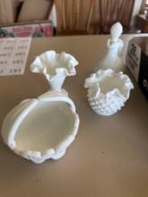 Vintage Westmoreland split handle milk glass accent piece. cruets, crimped vase and bowl.