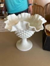 Vintage Imperial satin Hobnail white milk glass footed vase, crimped compote and accent pieces.