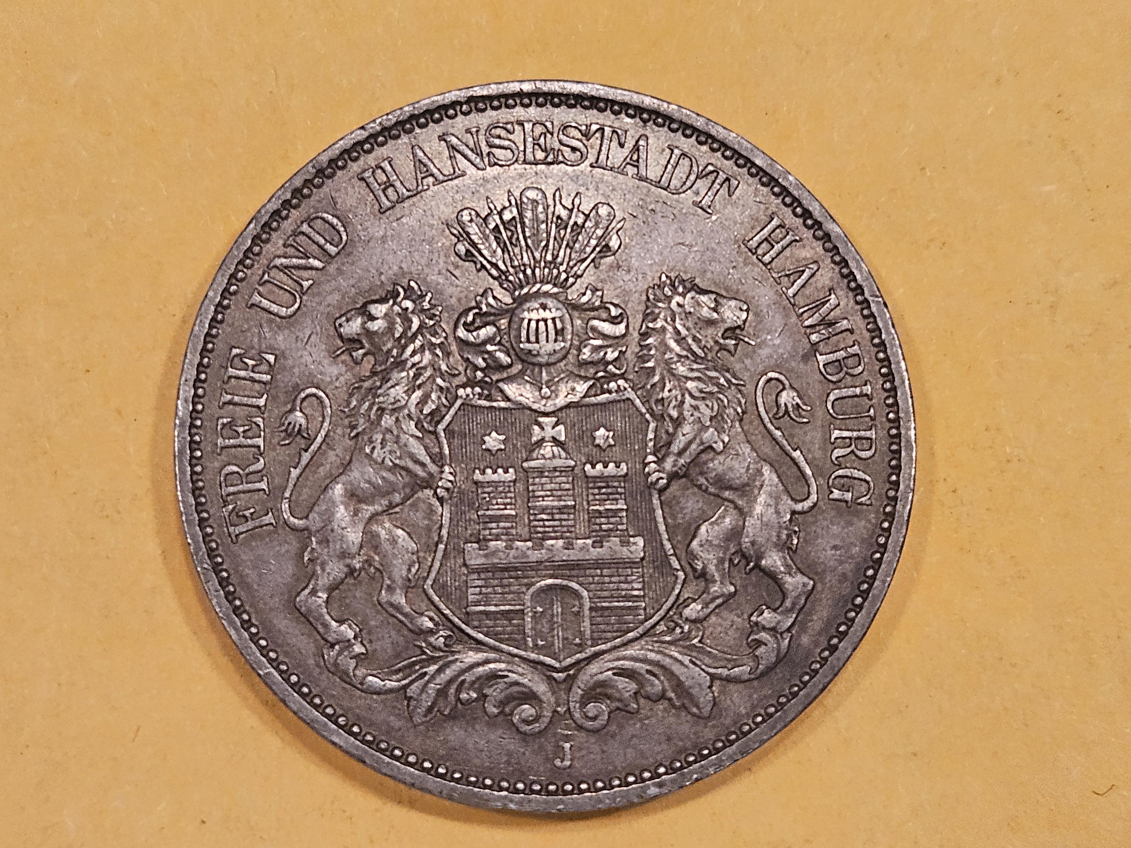 Nice 1876-J German States Hamburg silver 5 marks in Extra Fine