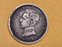 1904 Spain silver 50 cents in Extra Fine