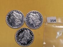 Three Mixed Morgan Silver Dollars