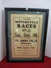 St. Croix Falls, WI Early Motorcycle Race Poster Framed w/ Original Envelope