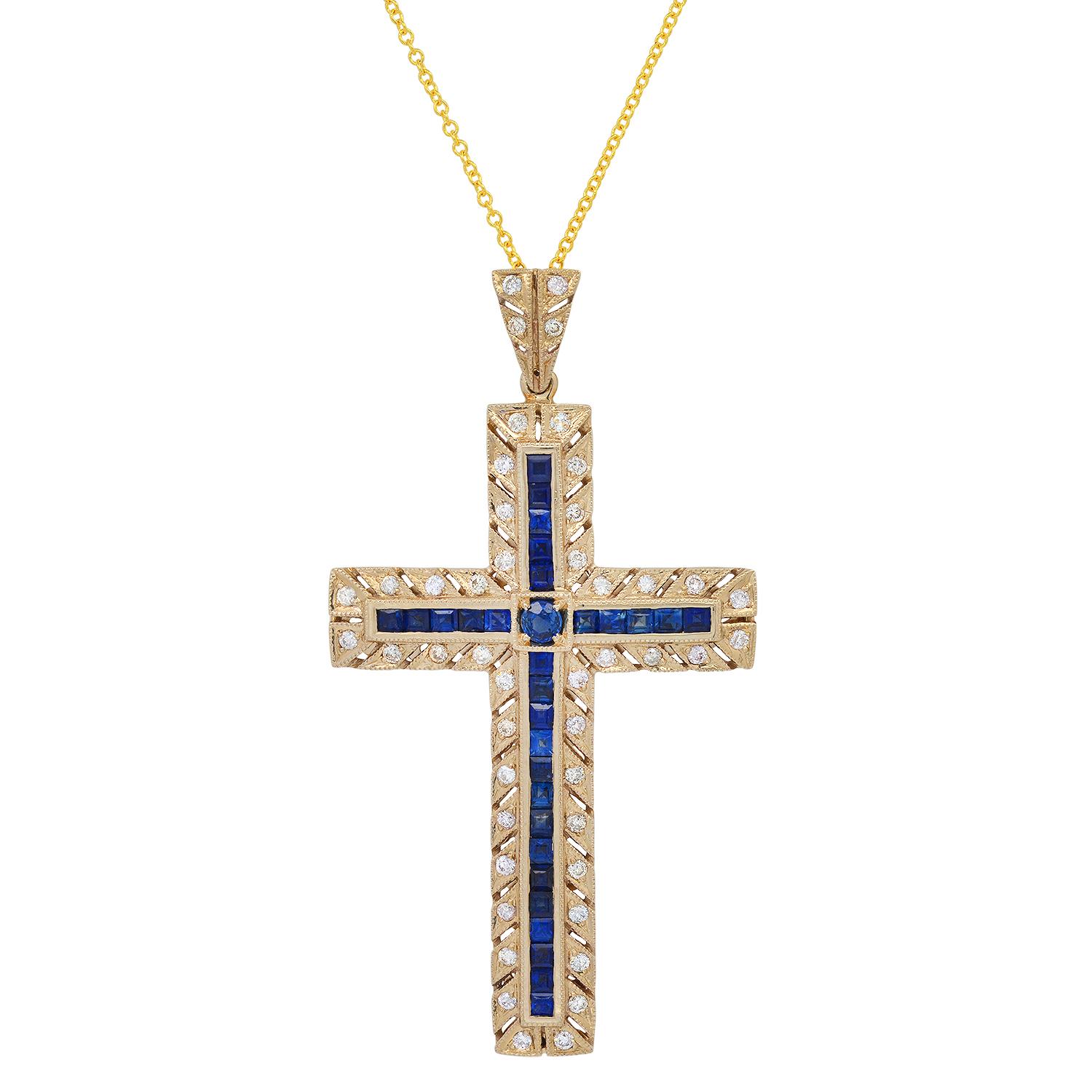 14K White Gold Setting with 2.40ct Sapphire and 0.52ct Diamond Cross Pendant