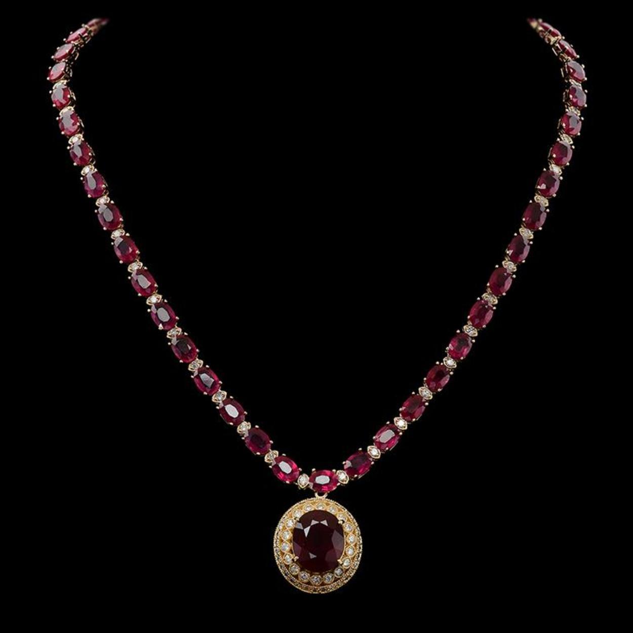 14K Gold 59.12ct Ruby 3.07ct Diamond Necklace