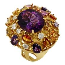 14k Yellow Gold 8.85ct Amethyst 5.42ct Multi-Stone 0.72ct Diamond Ring