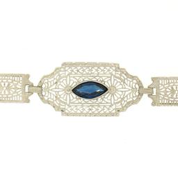 Antique Edwardian 10k White Gold Filigree Link Bracelet w/ Marquise Sim Sapphire