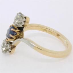 Antique Edwardian 14K Gold Platinum 1.61 ctw Mine Cut Diamond Sapphire Bypass Ri