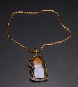 18K Gold, Carved Jadeite & Diamond Pendant & Necklace by Victor Loo