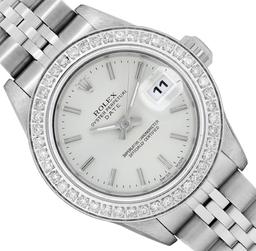 Rolex Ladies Quickset Sapphire Stainless Steel Silver Dial Diamond Bezel Date Wa