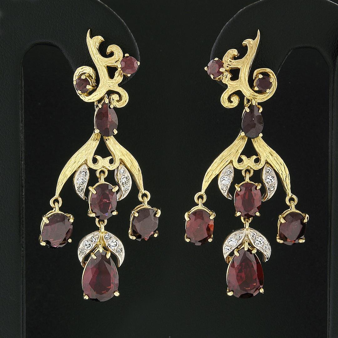 Vintage 18k Gold 11.9 ctw GIA Red Pyrope Garnet & Diamond Flower Dangle Earrings