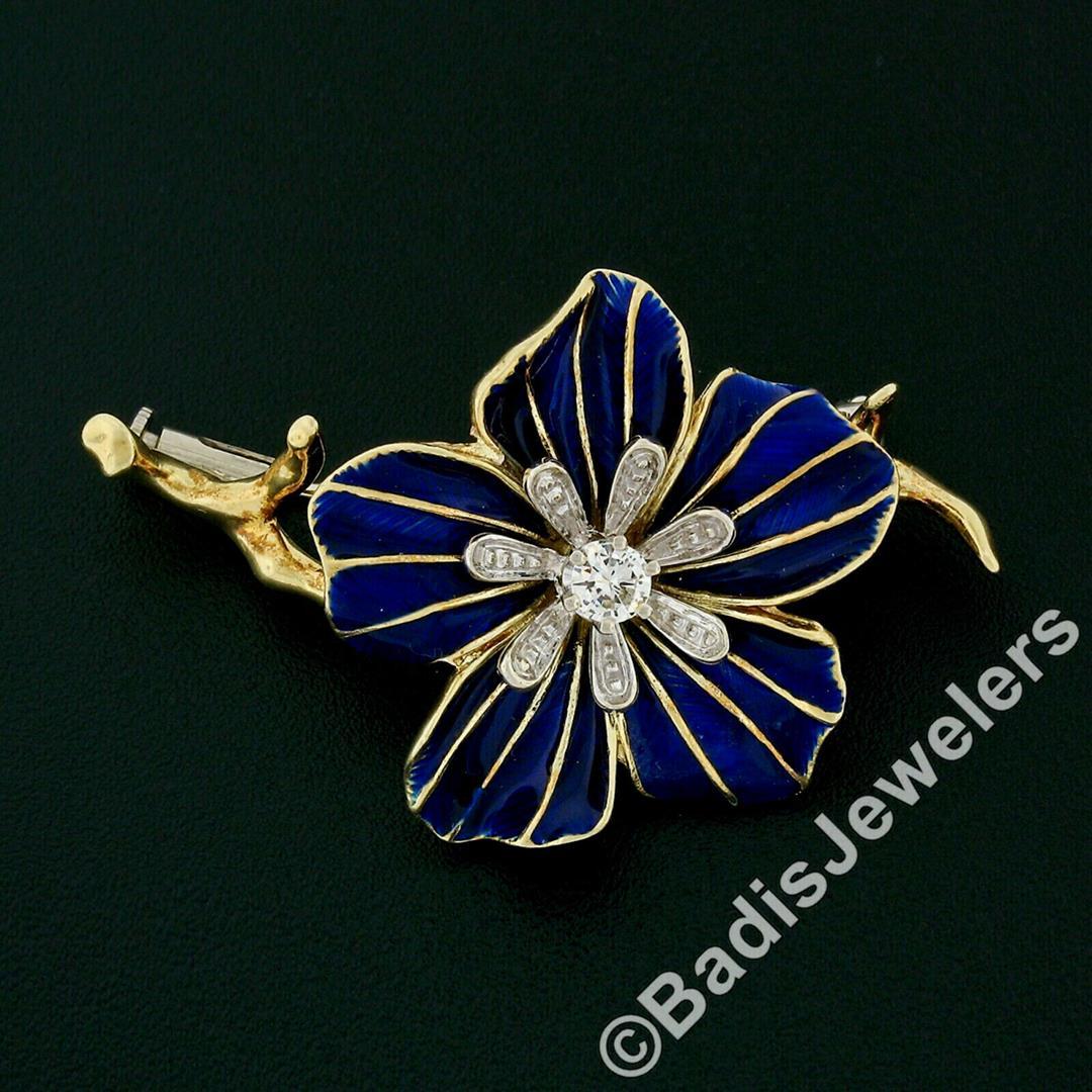 Vintage Italian 18k Gold Round Diamond Dark Blue Enamel Flower Branch Brooch Pin