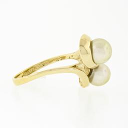 Solid 14k Yellow Gold Dual Round Cultured Pearl Polished Finish Bypass Ring