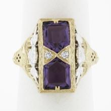 14K Two Tone Gold 1.80 ctw Amethyst Diamond Filigree Milgrain Etched Cocktail Ri