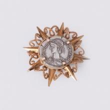 Victorian Rose Gold Pendant/Brooch Mounted With Silver Byzantine Coin