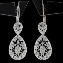 14K White Gold 0.10 ctw Round Diamond Milgrain Open Lace Teardrop Dangle Earring